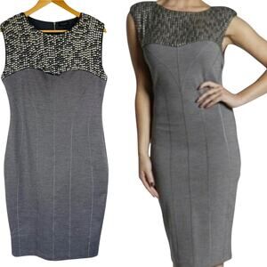 Ted Baker Women's Lame Studded Panel Grey Wool Sheath Sleeveless Dress Size 10